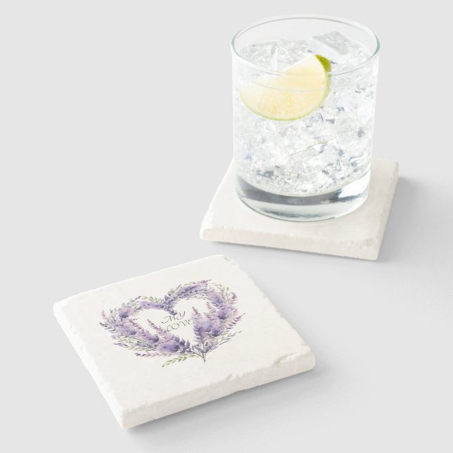 Posavasos De Piedra Un Corazón de Lavanda. Patrón púrpura floral (Lateral)