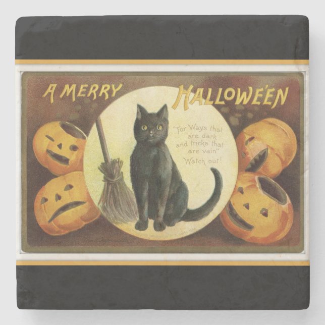 Posavasos De Piedra Un gato negro de Feliz Halloween y calabazas negro (Anverso)