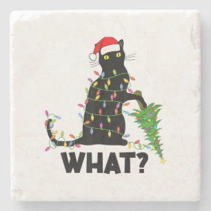 Posavasos De Piedra Un gato negro gracioso que presiona el árbol de Na
