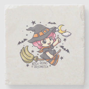 Posavasos De Piedra Una Bruja Cuta Viajando A Un Broomstick