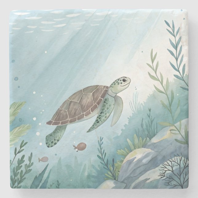 Posavasos De Piedra Underwater world with turtle (Anverso)