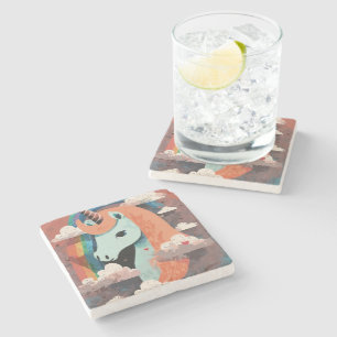 Posavasos De Piedra Unicornio bajo arcoiris y entre corazones