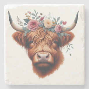 Posavasos De Piedra Vaca de tierras altas, con flores y primavera