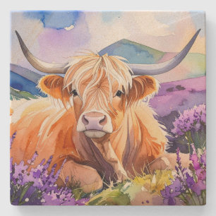 Posavasos De Piedra Vaca Highland en acuarela morada