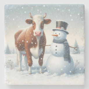 Posavasos De Piedra Vaca y muñeco de nieve en el campo invernal