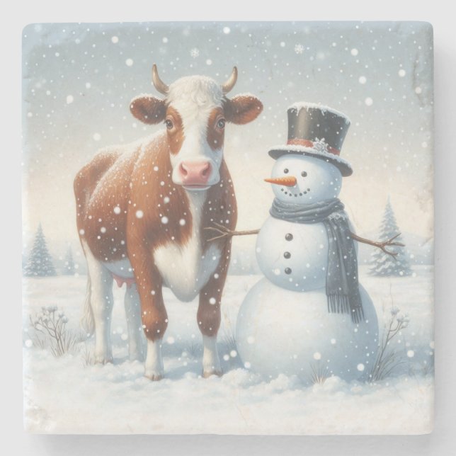 Posavasos De Piedra Vaca y muñeco de nieve en el campo invernal (Anverso)