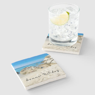Posavasos De Piedra Vacaciones de verano Hermosa foto de playa con tex