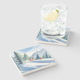 Posavasos De Piedra Vamos a Esquiar | Pintura en Acuarela de Invierno