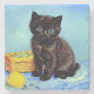 Posavasos De Piedra Van Gogh Black Kitten con yarn