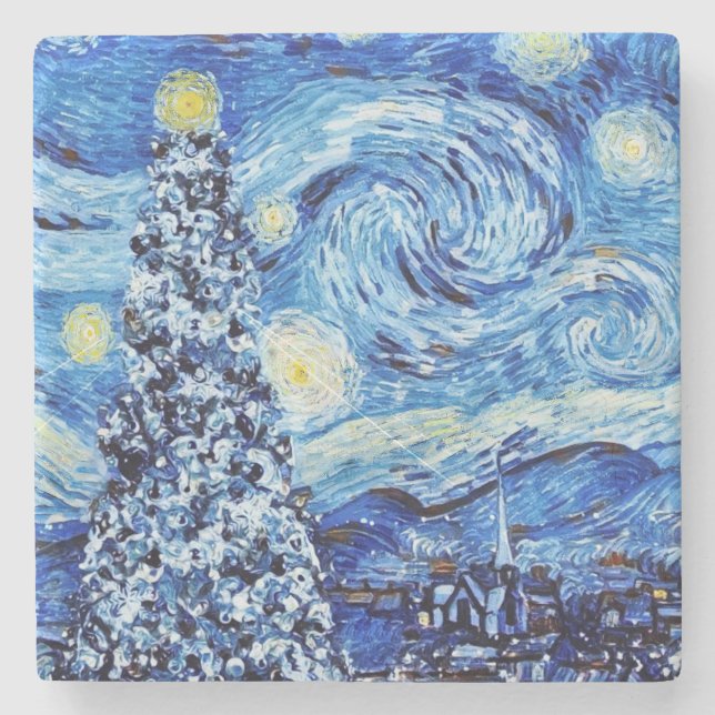 Posavasos De Piedra Van Gogh - La noche estrellada - Navidades blancos (Anverso)