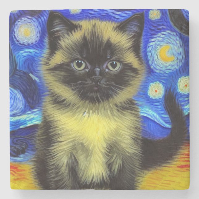 Posavasos De Piedra Van Gogh Starry Night Siamese Cat (Anverso)