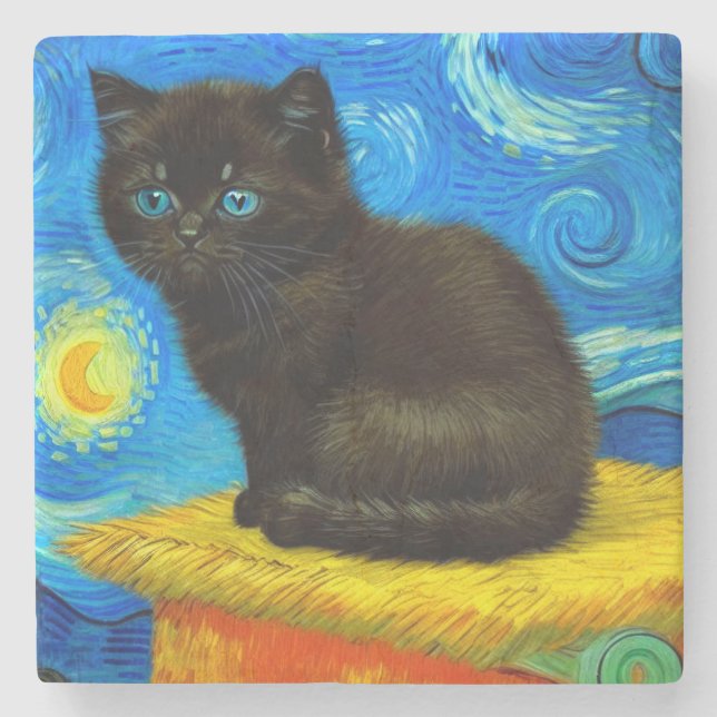 Posavasos De Piedra Van Gogh Style Starry Night Cat (Anverso)