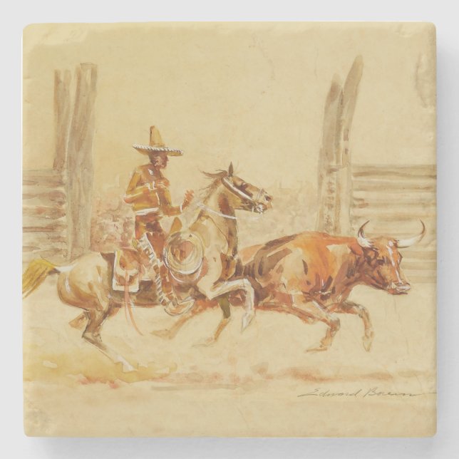Posavasos De Piedra Vaquero y Steer por Edward Borein (Anverso)