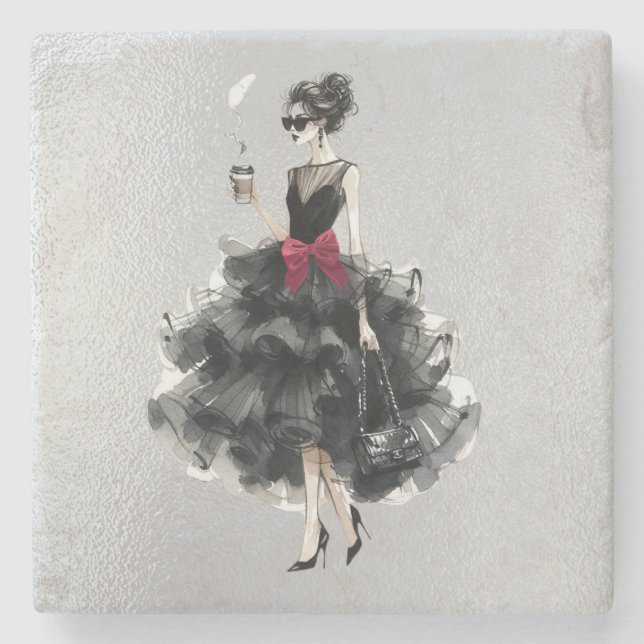 Posavasos De Piedra Vaso de Glam Negro, Bow Rojo, Sombras (Anverso)