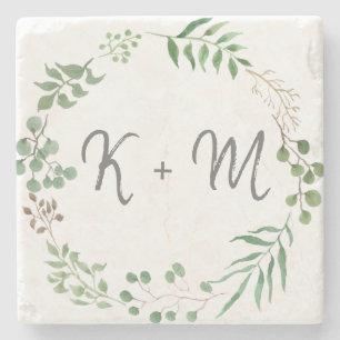 Posavasos De Piedra Vegetación botánica Hoja Monograma Boda