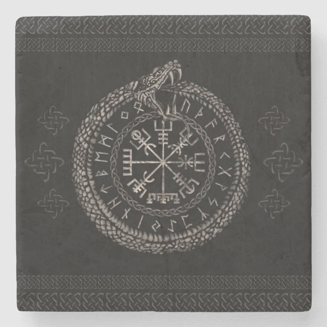 Posavasos De Piedra Vegvisir con Ouroboros y las runas (Anverso)