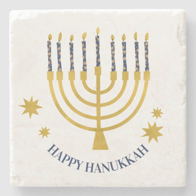 Posavasos De Piedra Velas de Menorah Felices Hanukkah (Anverso)