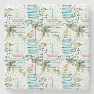 Posavasos De Piedra Velero de la acuarela con el modelo de la palmera