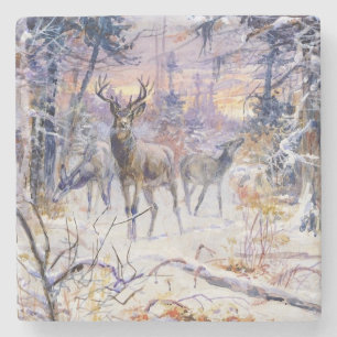 Posavasos De Piedra Venado en un bosque de nieve (temporada de inviern
