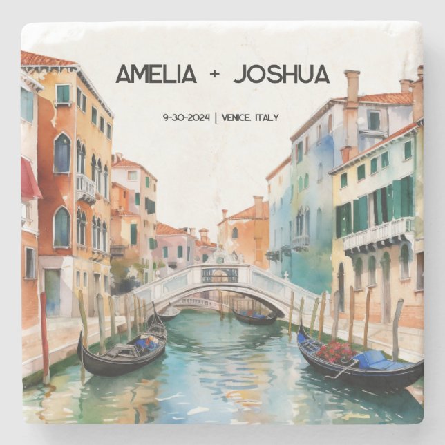 Posavasos De Piedra Venecia Italia Romántica Salven la fecha (Anverso)