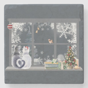 Posavasos De Piedra Ventana Gatos en Navidades