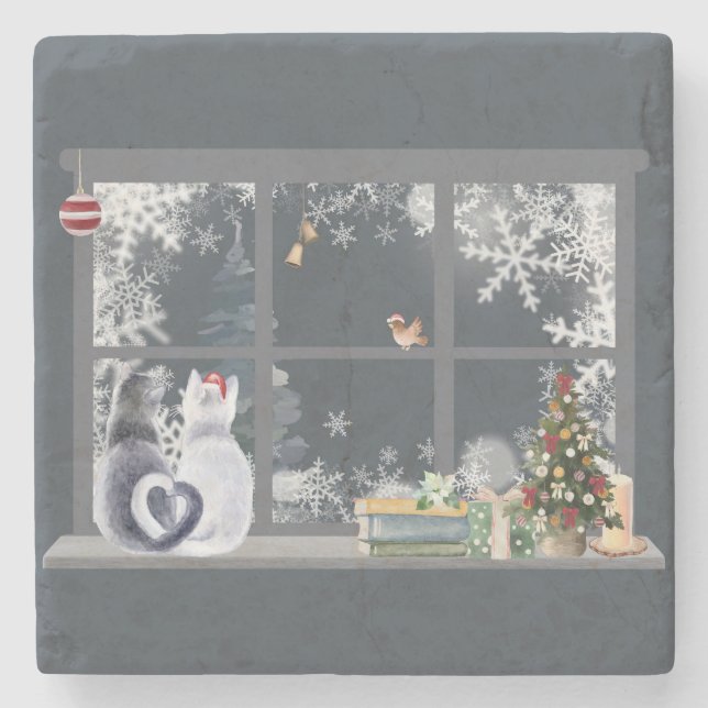 Posavasos De Piedra Ventana Gatos en Navidades (Anverso)