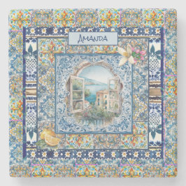 Posavasos De Piedra verano azulejos azules florales italianos cítricos