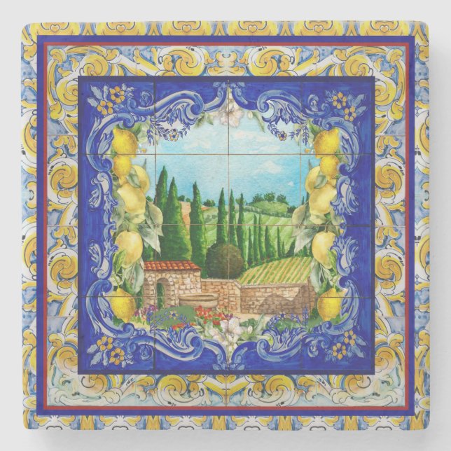 Posavasos De Piedra verano italiano Majolica azulejos azul cítricos (Anverso)