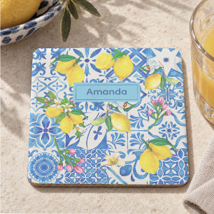 Posavasos De Piedra Verano mayólica azul Sicilia cítricos Mediterráneo
