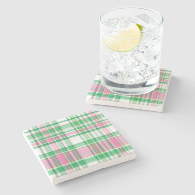 Posavasos De Piedra Verde esmeralda, rosa caliente, madrás de perrito  (Lateral)