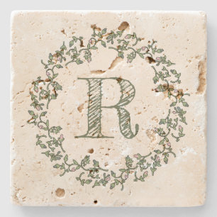 Posavasos De Piedra Verde salvia personalizada del monograma floral