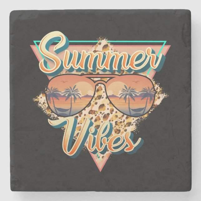 Posavasos De Piedra Vibes de verano | Gafas de sol antiguas | Beach Su (Anverso)
