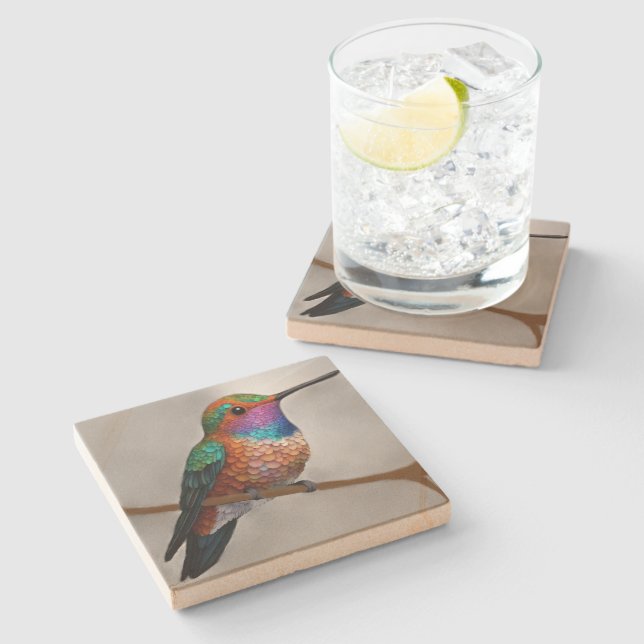 Posavasos De Piedra Vibrant Allen’s Hummingbird Painting (Lateral)