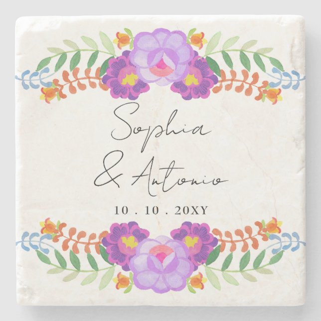Posavasos De Piedra Vibrant Mexican Floral Fiesta Wedding (Anverso)