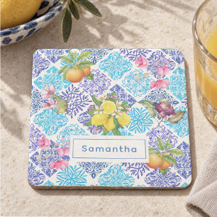 Posavasos De Piedra Vibrante Azul Siciliano Azulejo Floral de Cítricos