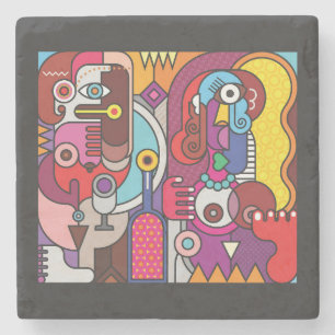 Posavasos De Piedra Vidrio con manchas coloridas dos mujeres y una bot