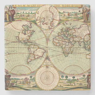 Posavasos De Piedra Vieja antípode: Litografía del Mapa Mundial Genera