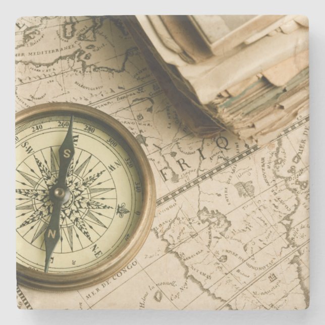 Posavasos De Piedra Viejo compás sobre mapa antiguo (Anverso)