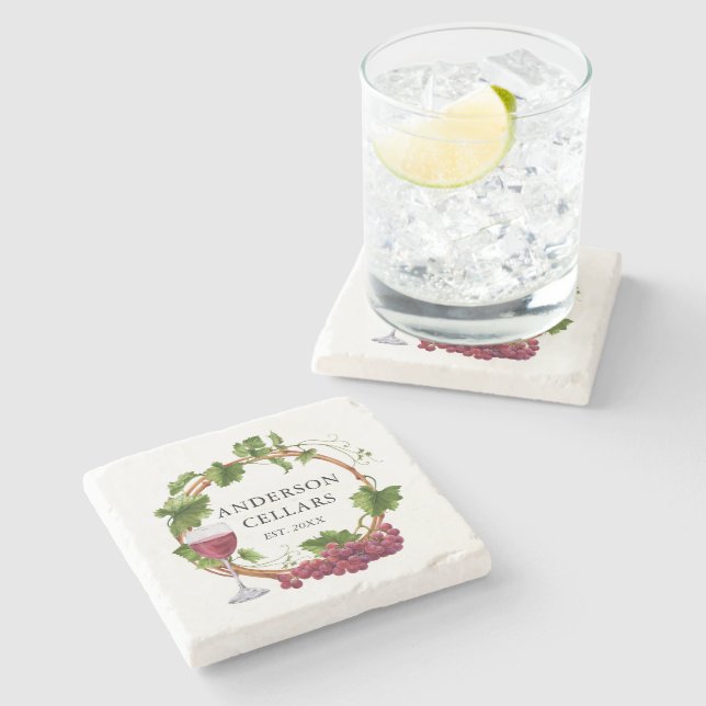 Posavasos De Piedra Vinos de uva acuarela Nombre de la bodega de vino (Lateral)