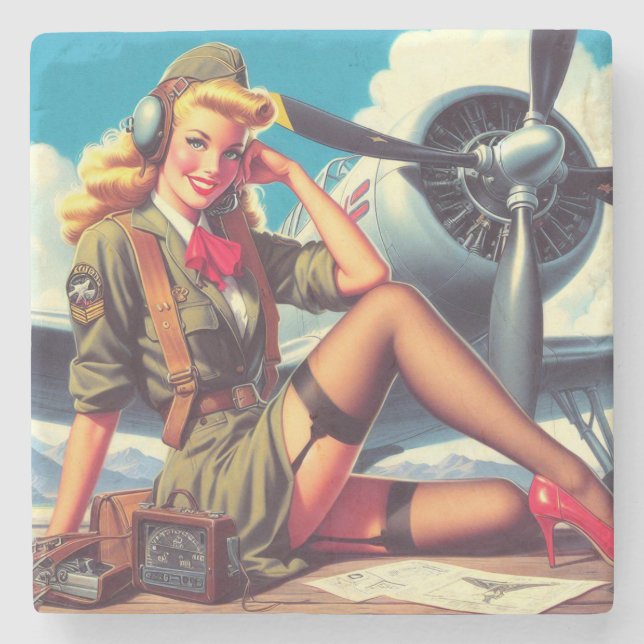 Posavasos De Piedra Vintage Airplane Pin-Up (Anverso)
