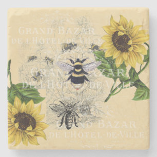 Posavasos De Piedra Vintage Bee Sunflower Crema natural de piedra
