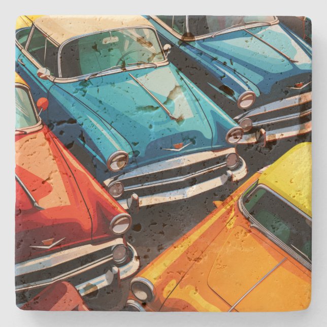 Posavasos De Piedra Vintage Cars Pattern (Anverso)