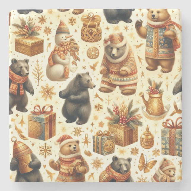 Posavasos De Piedra Vintage Christmas Bear (Anverso)