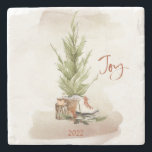 Posavasos De Piedra Vintage Christmas Joy Holiday<br><div class="desc">El diseño presenta una hermosa escena vintage de regalos de Navidades debajo del árbol con la palabra Alegría en un guión festivo de pincel caligráfico. Añade el año y hazlo el regalo perfecto para esta temporada de vacaciones.</div>