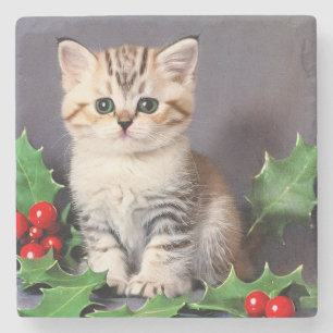 Posavasos De Piedra Vintage Christmas Kitten and Holly