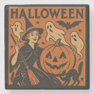Posavasos De Piedra Vintage, clásica bruja de Halloween, fantasma y ca