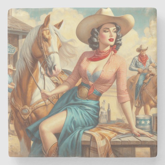 Posavasos De Piedra Vintage Cowgirl (Anverso)