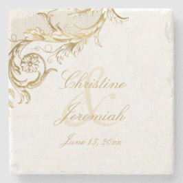 Posavasos De Piedra Vintage Gold Floral Damask Script Names Boda