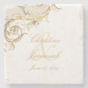 Posavasos De Piedra Vintage Gold Floral Damask Script Names Boda