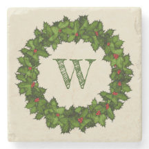 Vintage Holly Berries Wreath Green Monograma